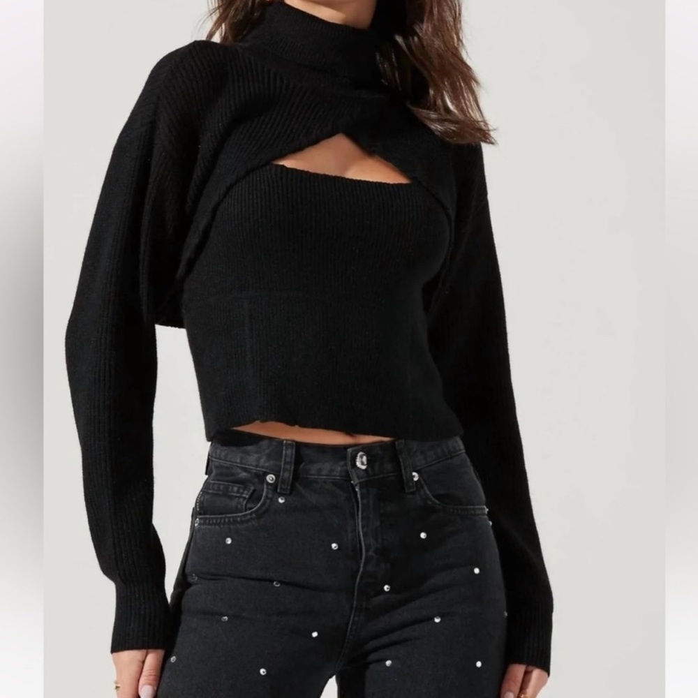 ASTR Revolve Women’s Taissa Bolero Black Knit Shrug Turtleneck Mockneck Sweater - Picture 5 of 11